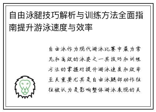 自由泳腿技巧解析与训练方法全面指南提升游泳速度与效率